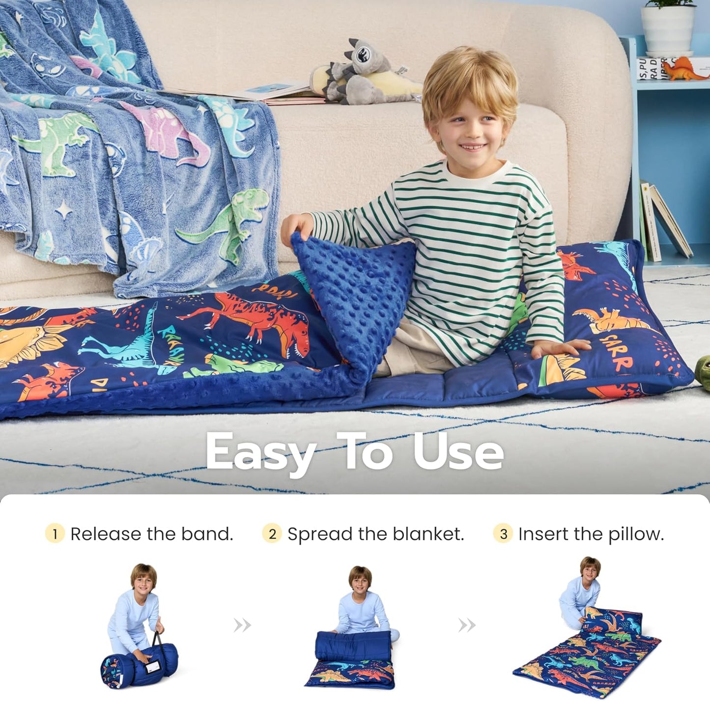 Toddler Nap Mat - Soft Minky Blanket & Removable Pillow | 55''x30'' for Ages 3-6, Perfect for Preschool & Sleepovers