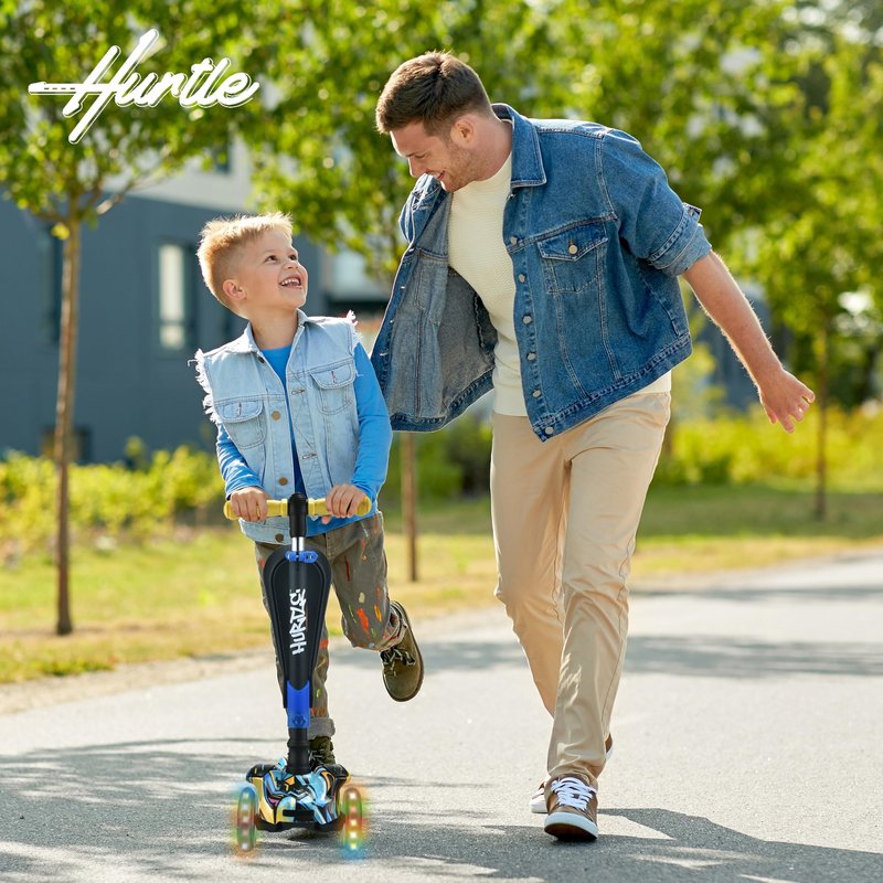 Hurtle ScootKid 3 Wheel Toddler Child Mini Ride On Toy Tricycle Scooter with Adjustable Handlebar, Foldable Seat, and Colorful LED Light Up Smooth Rolling Wheels, Graffiti