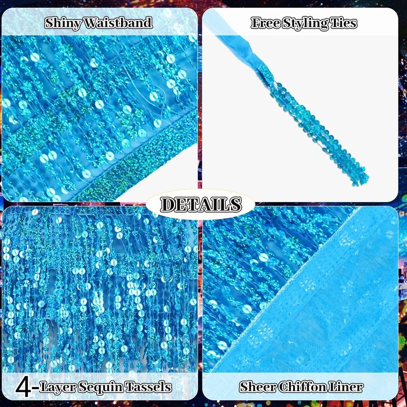 Baisdan Sequin Skirts for Women (Waist/Bust Under 31.5"), Sparkly Skirts for Girls 2 Piece Set, Tassel Skirt for Kids, Christmas New Years Eve Festival Outfits, 2Pack, Light Blue