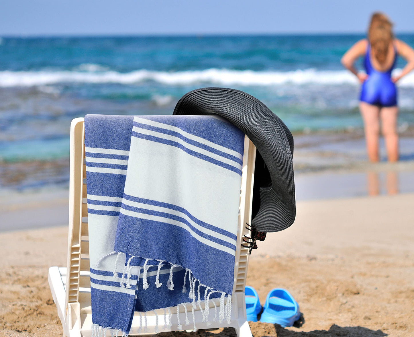 Goroly Home Cotton Turkish Peshtemal Beach Towel, Extra Large, Thin Quick Dry Sand Free Pool & Swim Towel, Bathing Blanket, Travel Essentials, (Royal Blue, 36x71 Inches)