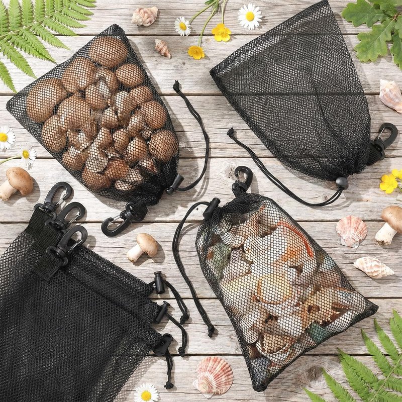 GliCraft 20 Pcs Mesh Drawstring Bag with Clip and Toggle Closure Bulk Black Closure Rock Collecting Bag for Adults Outdoor Mushroom Foraging Hunting Beachcombing Trekking