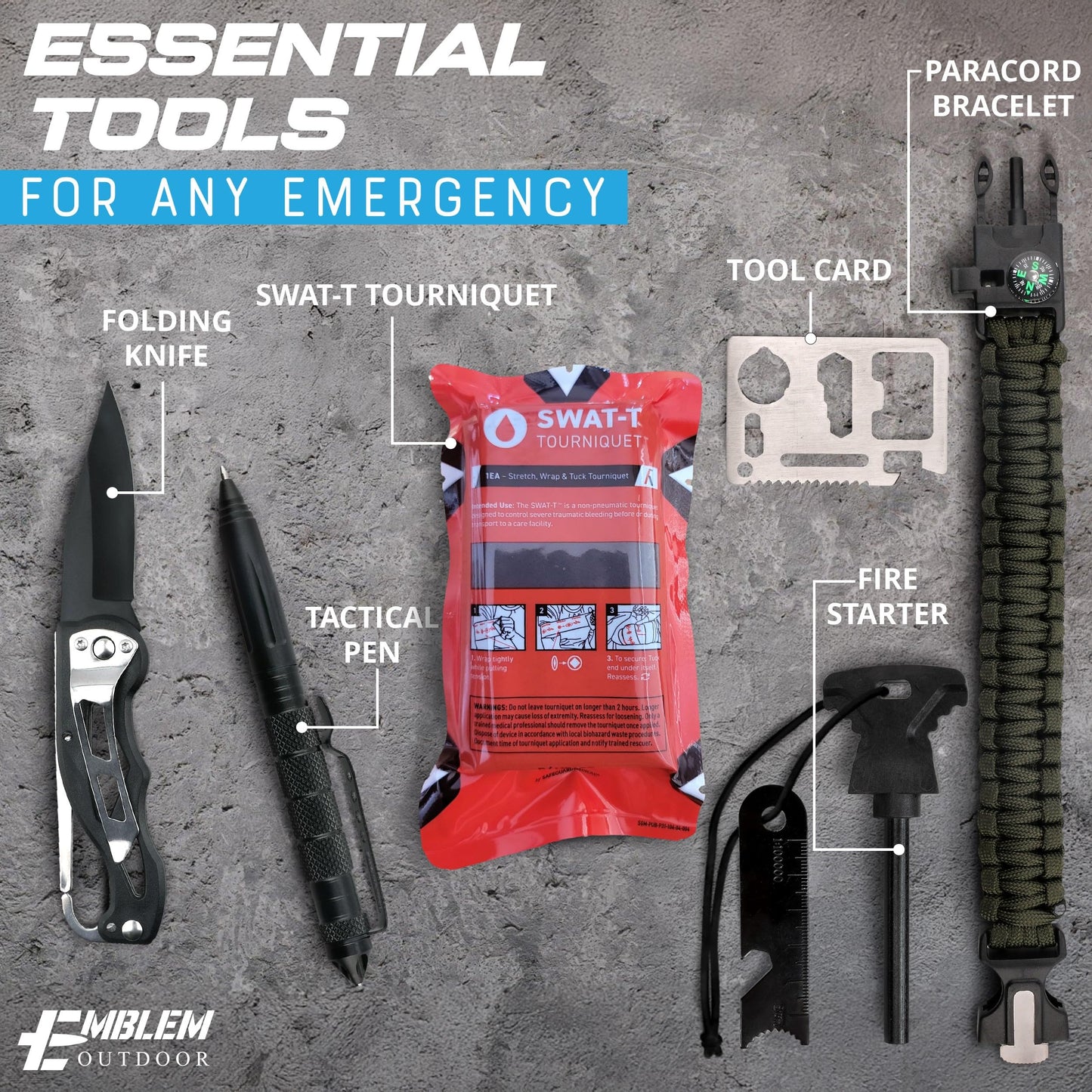 Emblem OD 242 Piece First Aid Survival Kit with Tourniquet | MOLLE Pouch with Paracord | Camping Hunting Hiking and Emergency Preparation | Survival Gear | Car First Aid Kit | Black