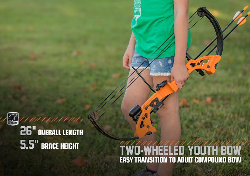 Bear Archery Brave Compound Youth Bow Set, Right Handed, Ages 8-12, Draw Weight up to 25lb, Draw Length up to 19.5", Accessories: Whisker Biscuit Arrow Rest®, Bow Sight & Finger Rollers, Black