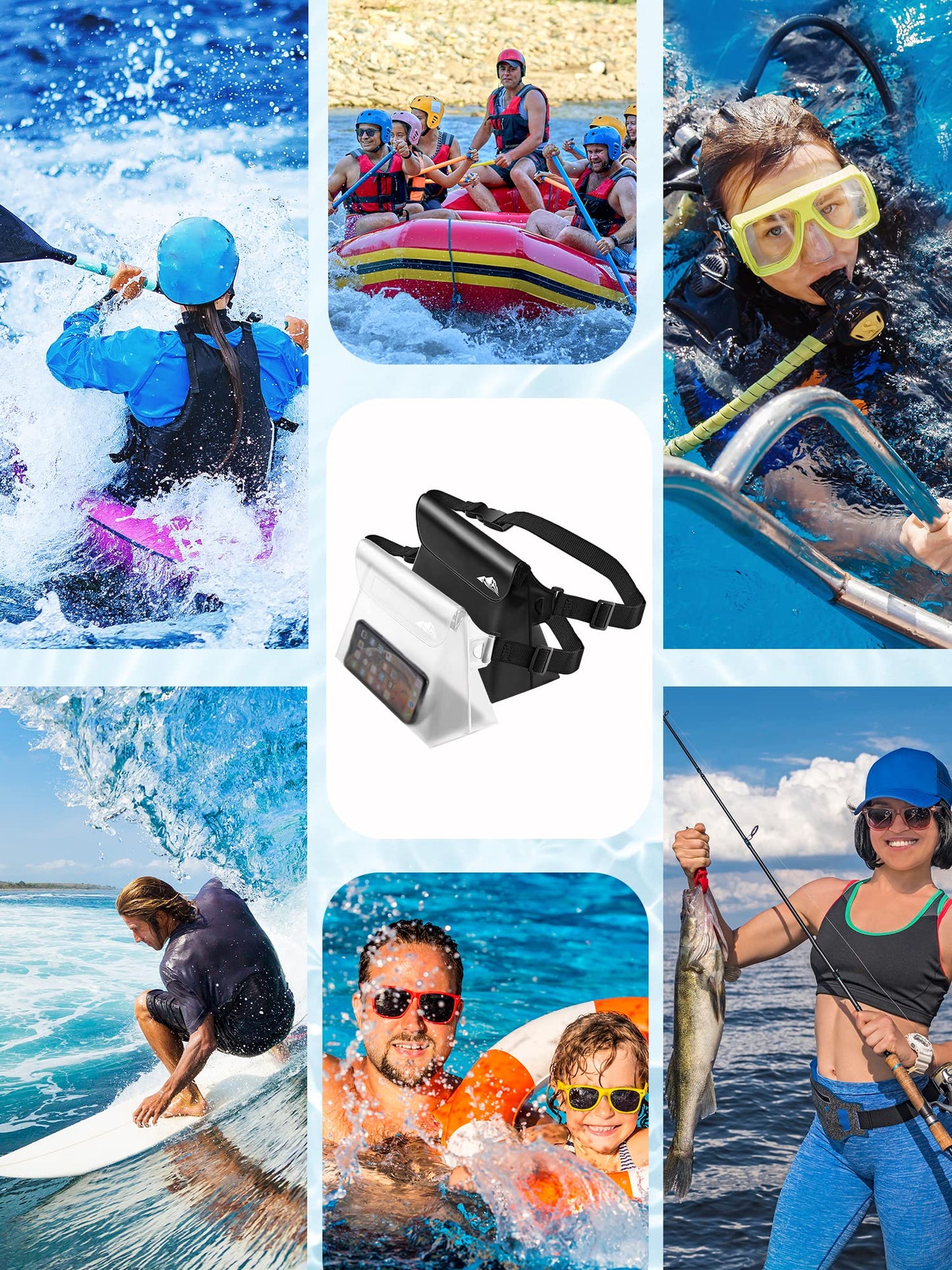 HEETA 2-Pack Waterproof Pouch with Waist Strap, Screen Touchable Dry Bag with Adjustable Belt for Phone Valuables for Kayaking Swimming Snorkeling Boating Fishing Surfing Beach (Black & White)