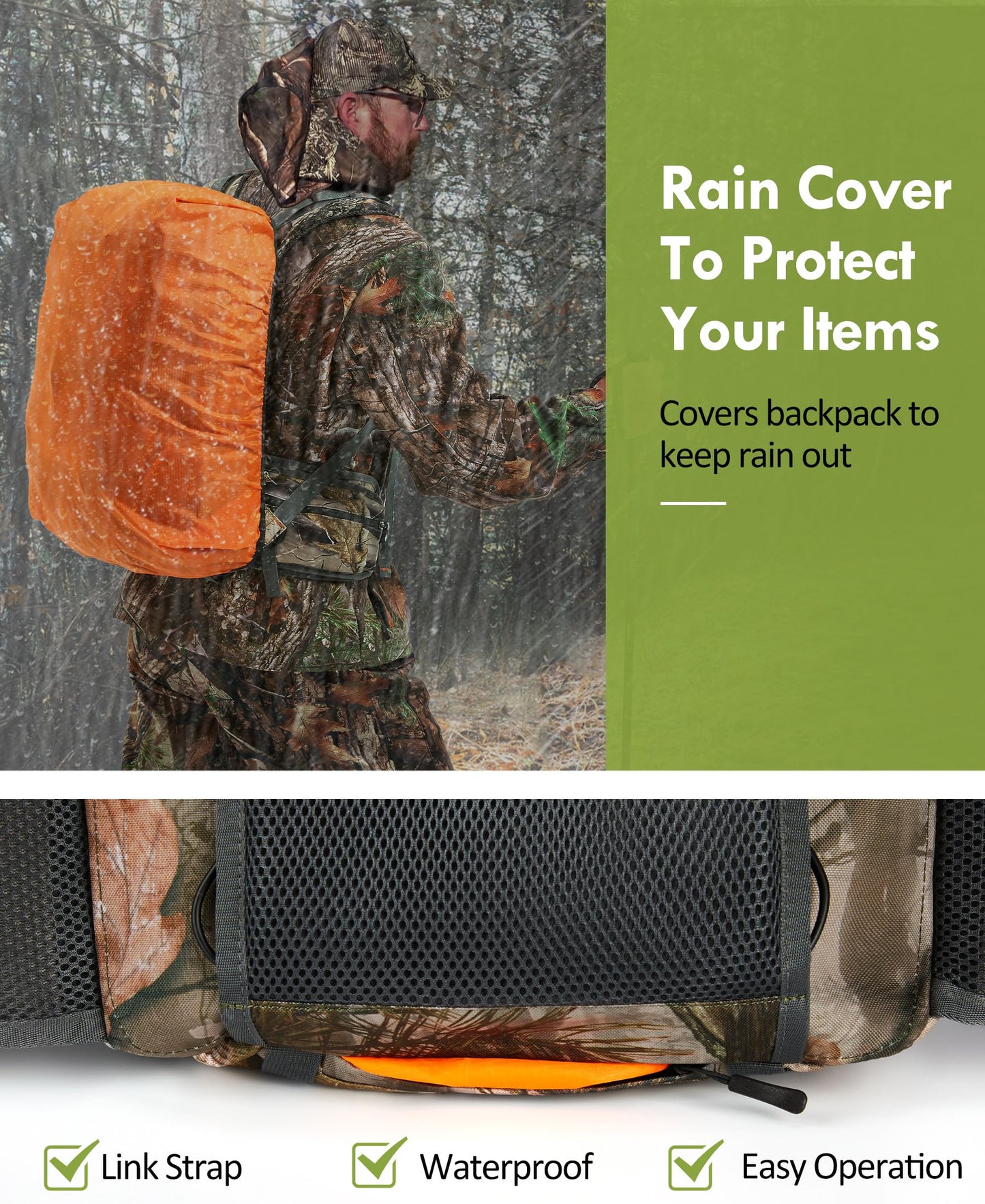 Camo Hunting Backpack for Men, 35L Durable Hunting Pack, 600D Daypack with Rain Cover, Interal Frame Support