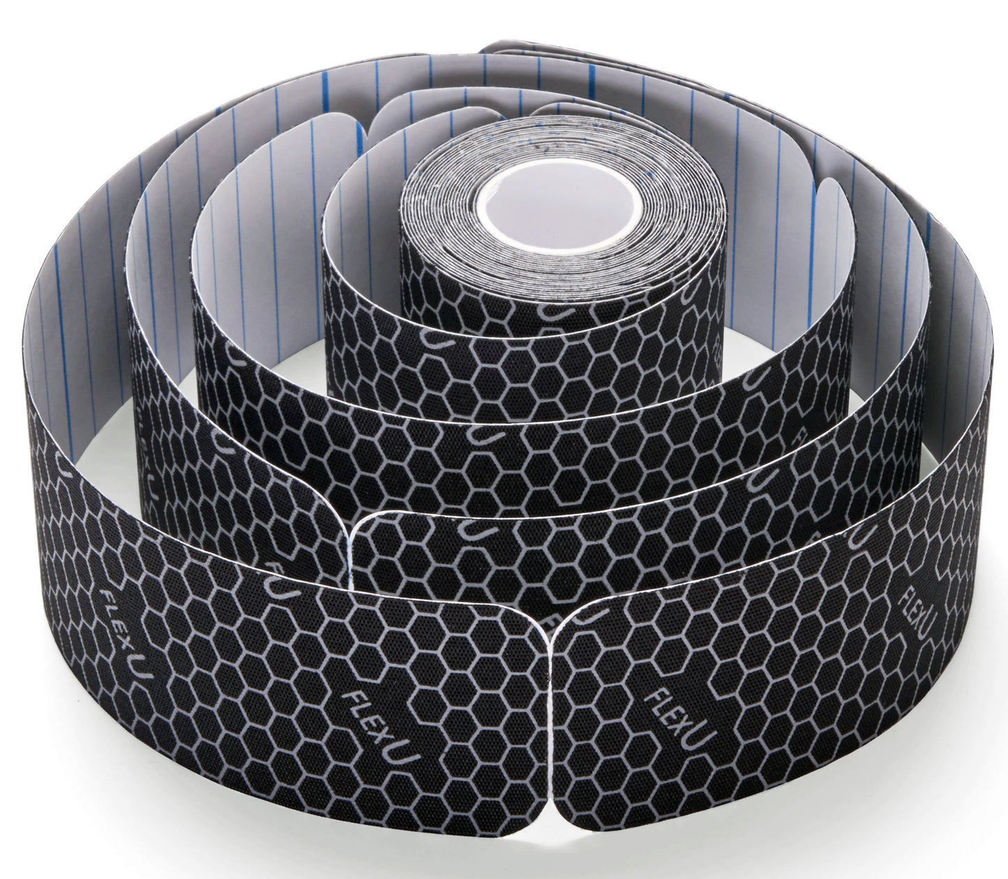 FlexU Black Kinesiology Tape - 3 Roll Pack - 60 Pre-Cut 2"x10" Strips - Hypoallergenic, Long-Lasting Pro-Grade Athletic Tape - Therapeutic Recovery; Best Joint & Muscle Support