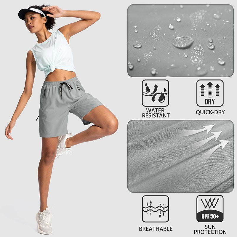 SANTINY Women's 5''/ 7''/9'' Hiking Cargo Shorts Quick Dry Lightweight Summer Shorts for Women Athletic Golf Zipper Pockets(Light Grey_XXL)