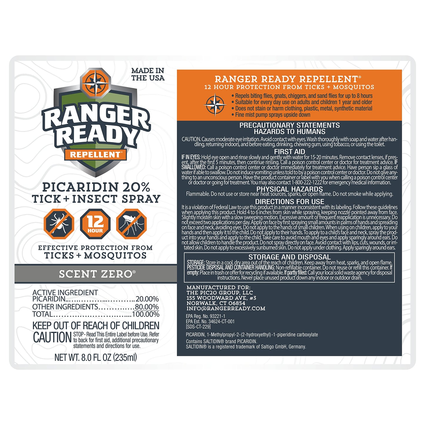 Ranger Ready Repellents Picaridin Insect Repellent Spray with Scent Zero - Tick and Mosquito Repellent Bug Spray (8 Fl Oz, Pack of 3)