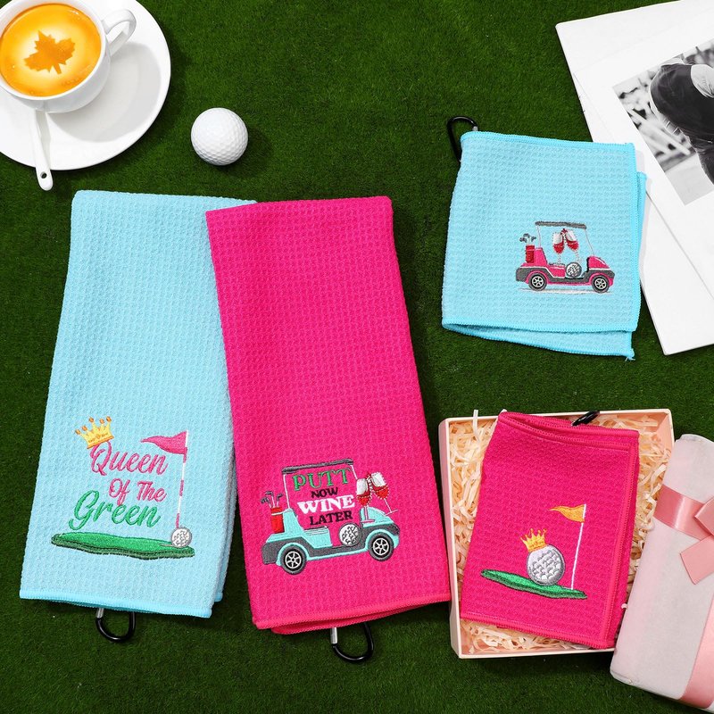 FuWeave 4 Pcs Golf Towels Golf Gifts for Men Women Embroidered Towels Retirement Gift for Dad Mam Grandpa Husband Golfer Party Accessory(Pink, Green,Cute)