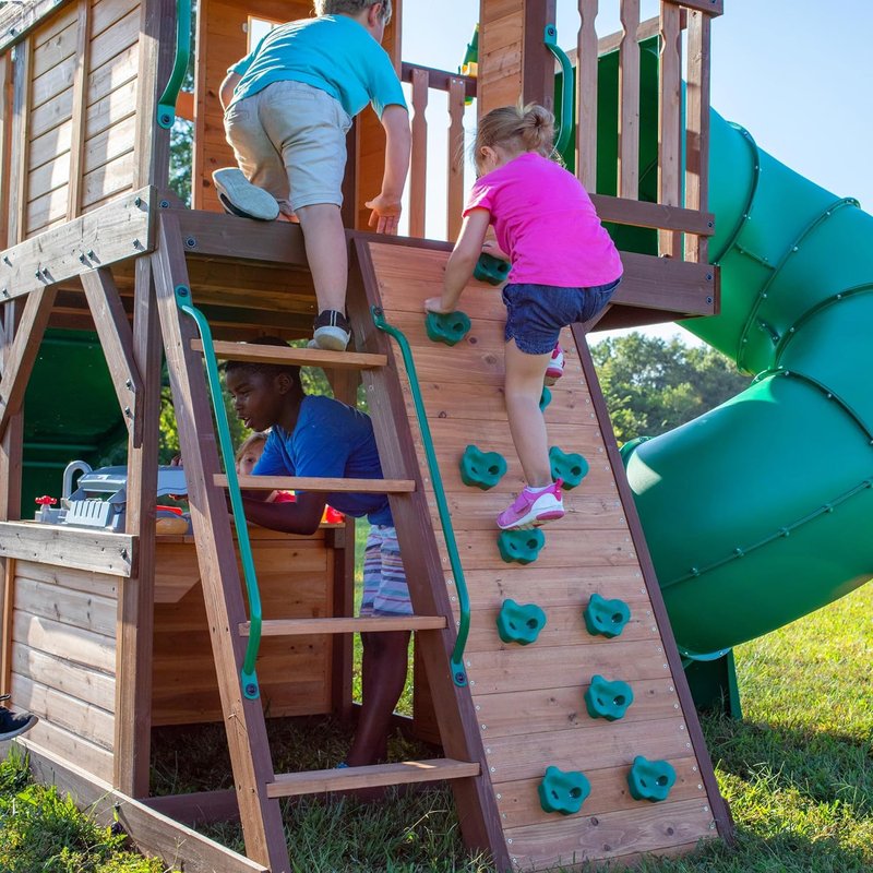 Cedar Cove Wood Swing Set - Backyard Playset with Spiral Tube, Wave Slide, Clubhouse & More | For Kids 10+ Years