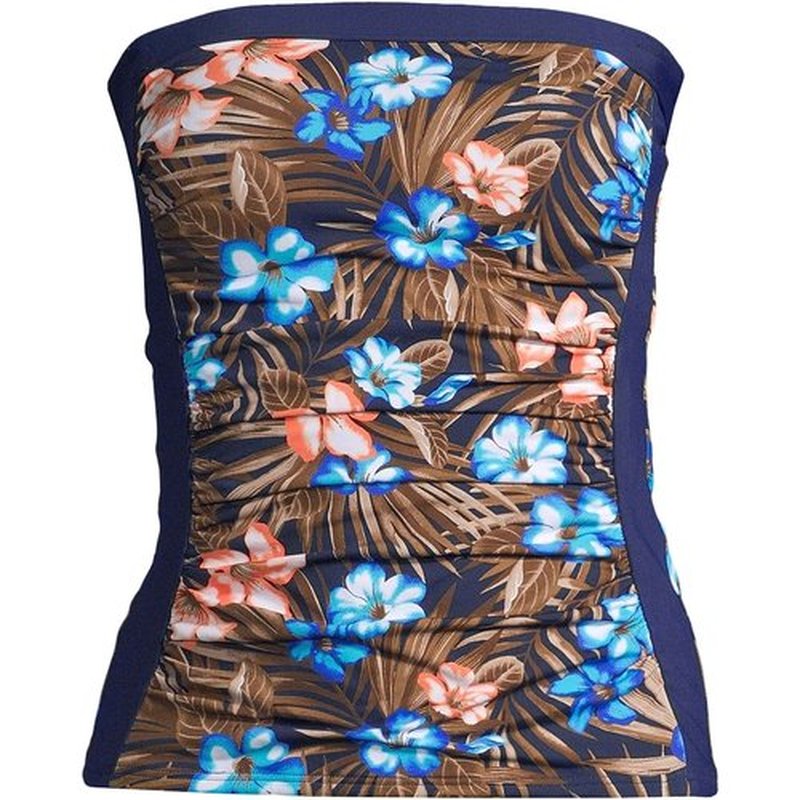 Lands' End Womens Chlorine Resistant Bandeau Tankini Top Deep Sea Navy Tropic Palm Regular 4