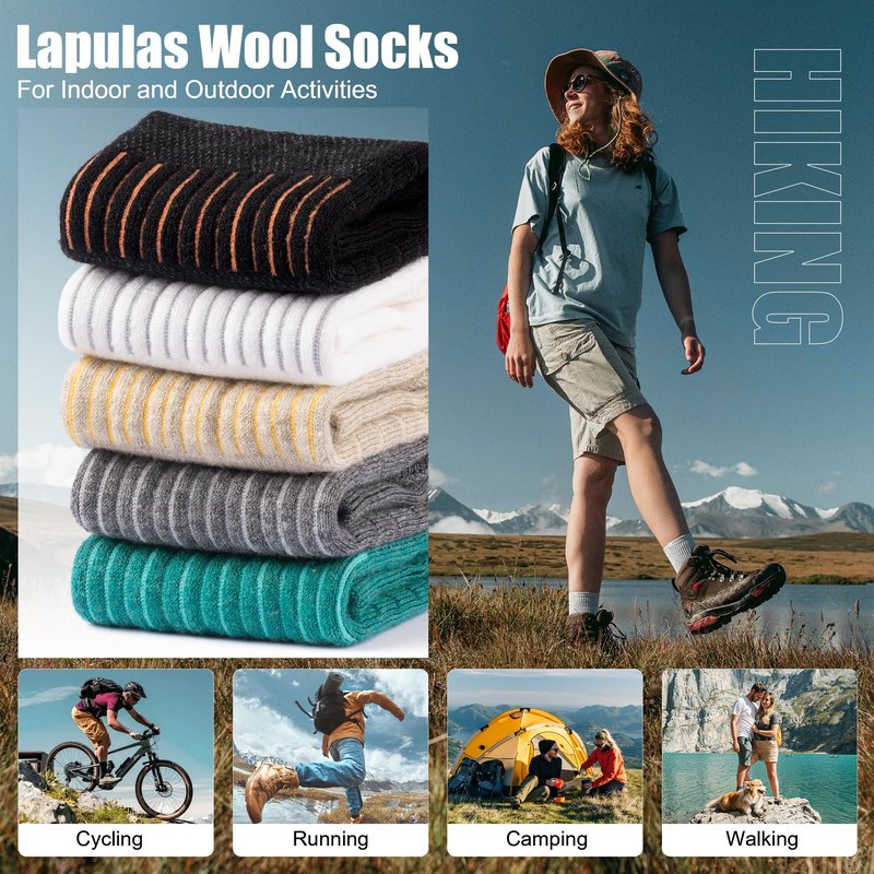 Lapulas Merino Wool Quarter Socks for Men Women, Hiking Running, Cushioned Compression Support, Thermal Thick, 5 Pairs