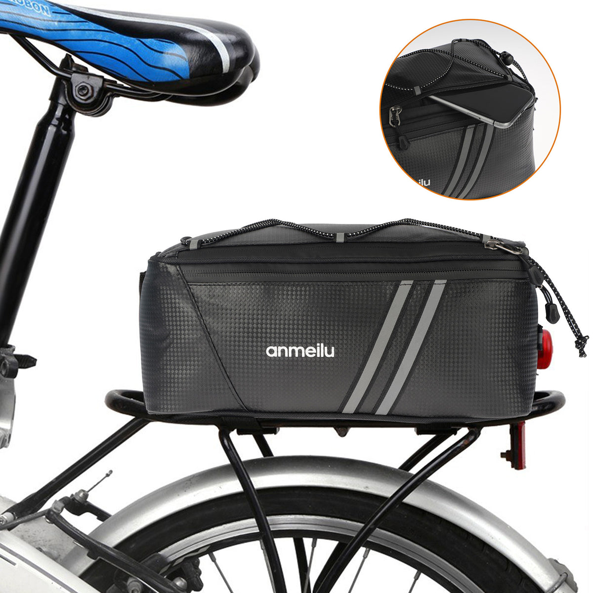 Waterproof Bicycle Rear Rack Bag with Reflective Strips 8L Storage Pouch