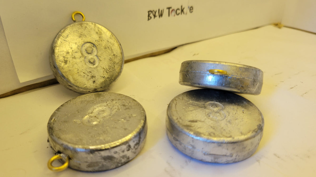 8 oz Flat Round Lead Fishing Sinkers - River Weights with Brass Eye - Handmade USA