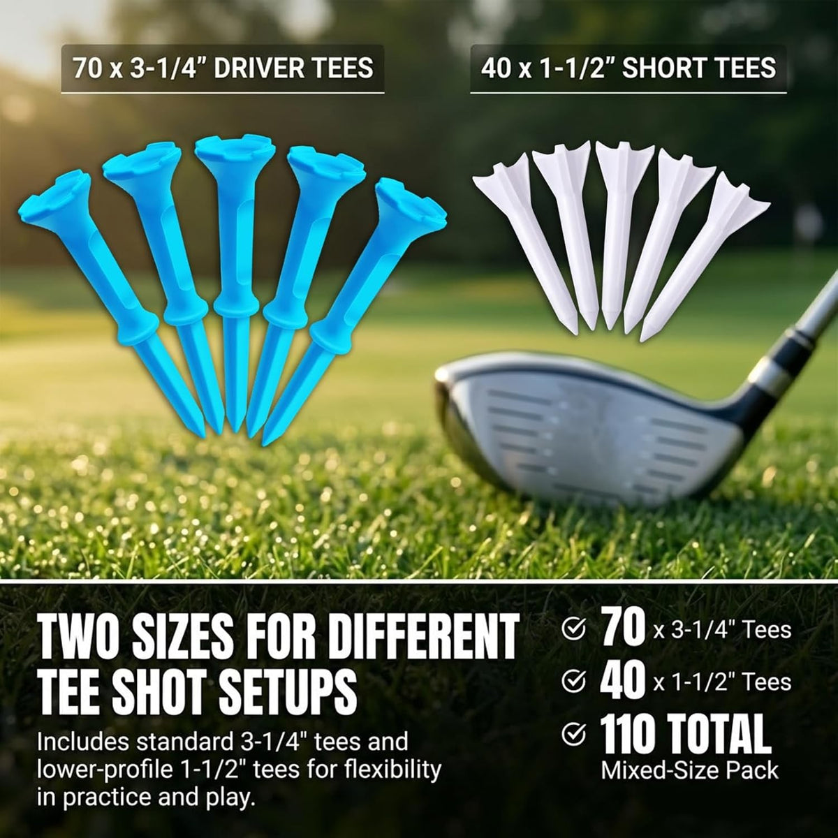 Mixed Size Stepped Golf Tees Set - 110/150 Count, 3-1/4 & 1-1/2 Inch, Durable Plastic