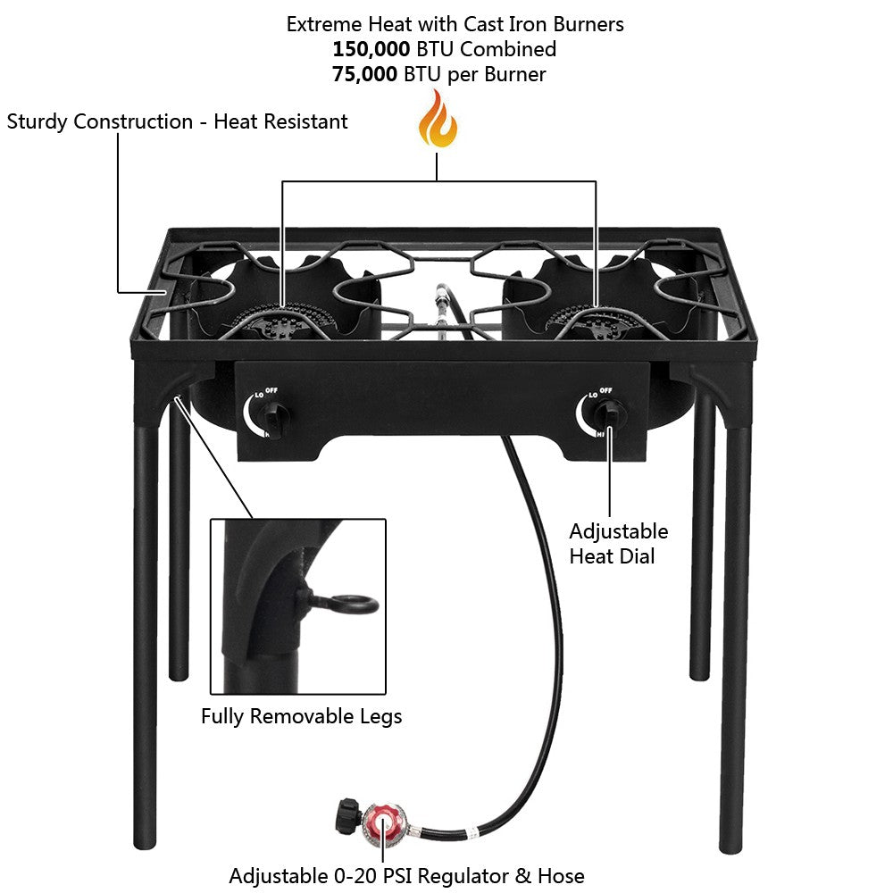 150,000 BTU Double Burner Gas Cooker Stand Stove for Outdoor BBQ Camping