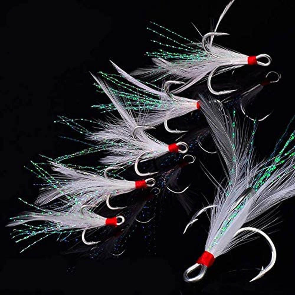 50Pcs Strong Feather Dressed Treble Fishing Hooks Set - Sizes 2-10