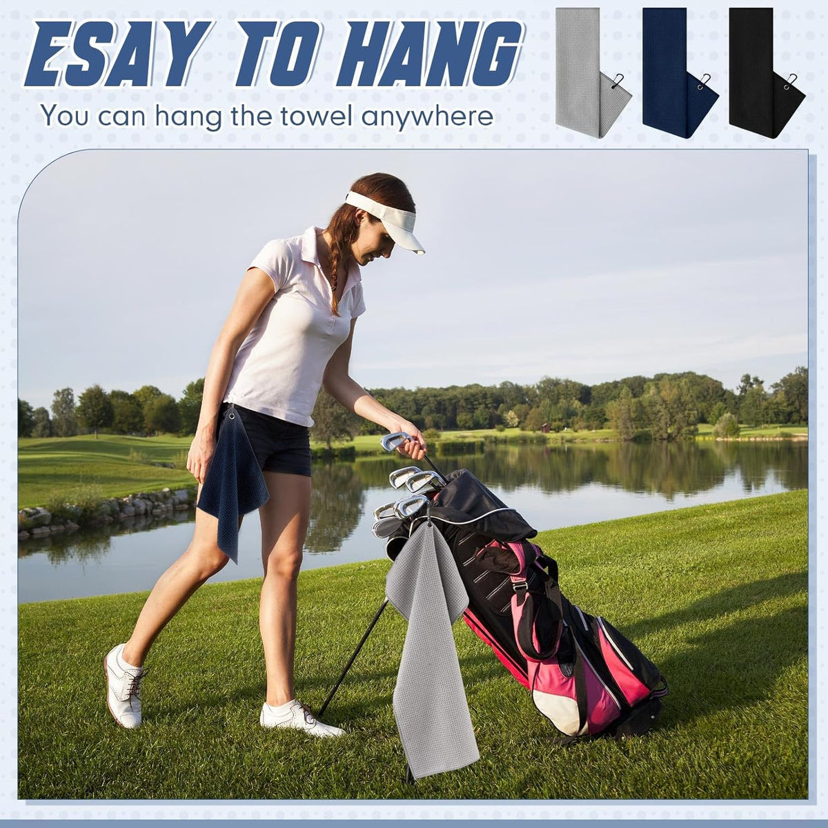 Golf Towels Set with Clips - Large 16x24 and Compact 12x12 Microfiber Towels for Golfing