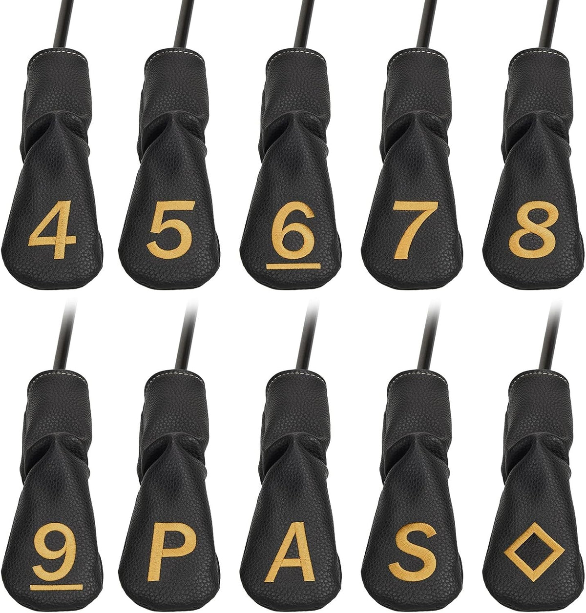 Golf Iron Head Covers Set - Black Hybrid Club Protectors with Large Gold Numbers
