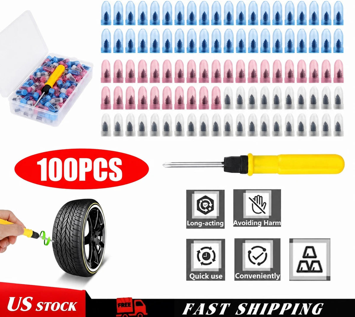 Tire Repair Kit with Rubber Nails and Screwdriver - 100Pcs for Car, Bike, Truck