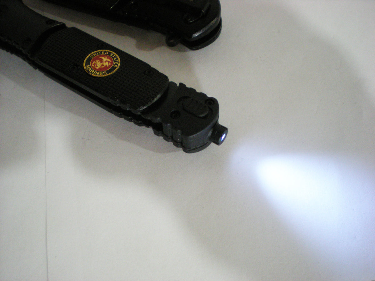 US Marine Semper Fi Assisted Blade Spear Point Knife with LED Flashlight