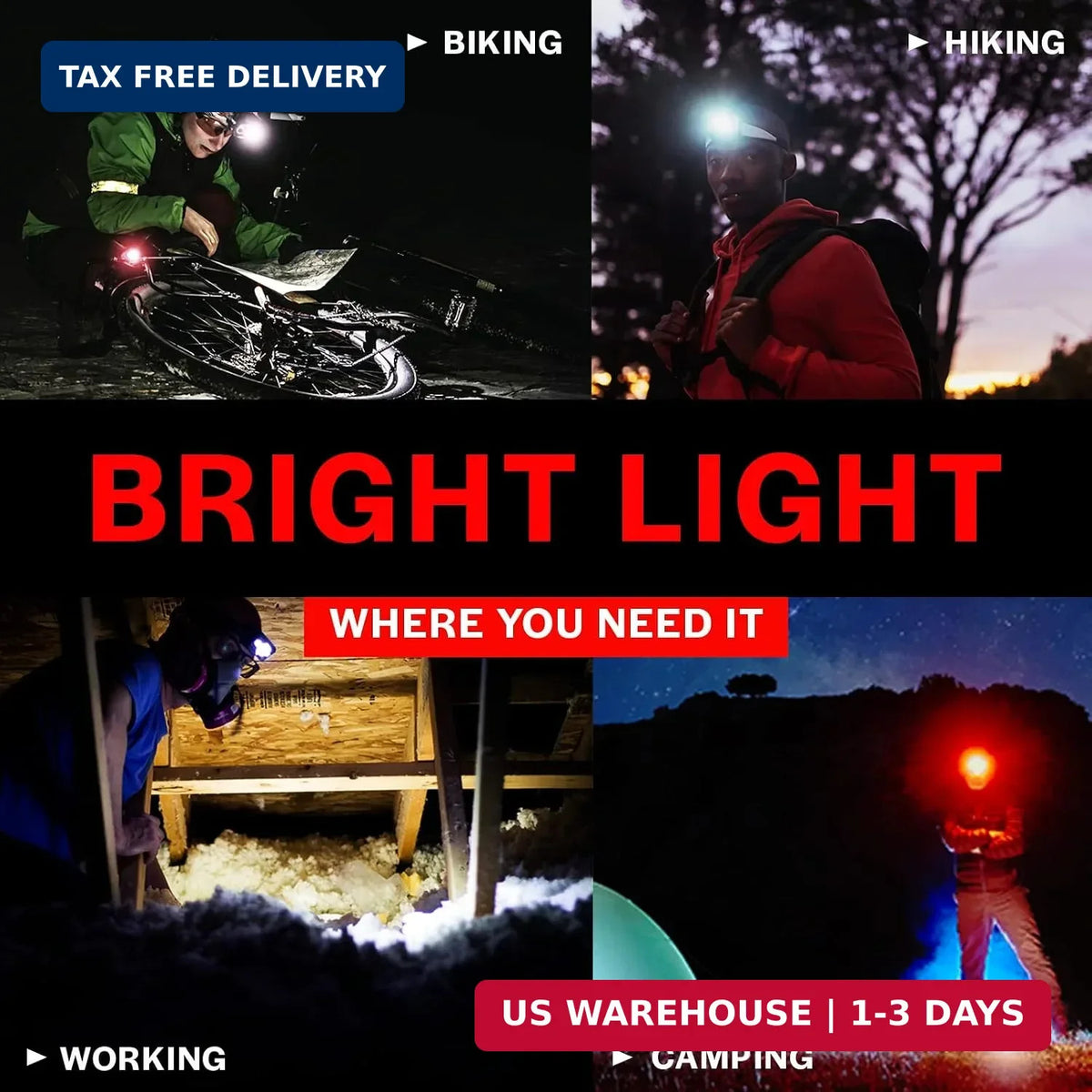 LED Headlamp 2-Pack Battery Powered with Red Light, Adjustable Tilt, Waterproof