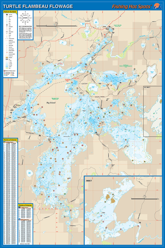 Fishing Map for Turtle Flambeau Flowage Waterproof Lake Chart with GPS Points