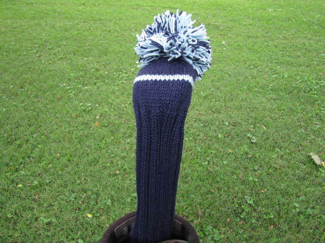 Hand Knit Golf Headcover for Drivers up to 460cc - Navy & Light Blue Wool