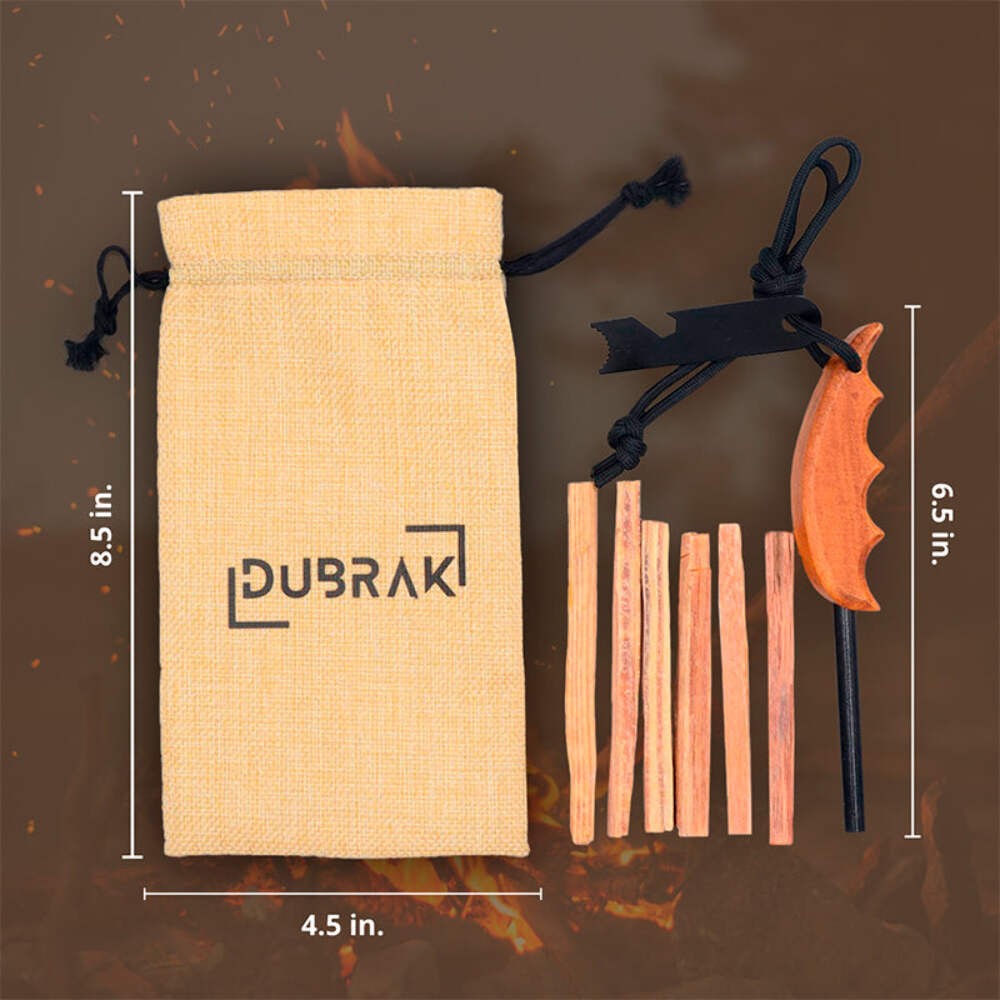 Ferro Rod Fire Starter Kit with Wooden Handle, Fatwood & Burlap Bag