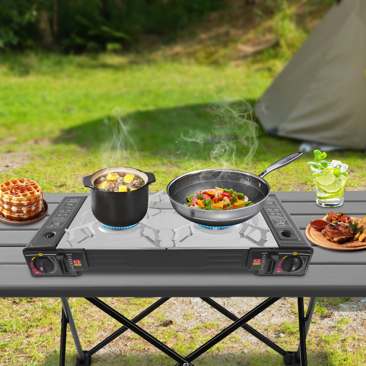 Portable Butane Camping Stove with Carrying Case - Dual Burner, 2100W