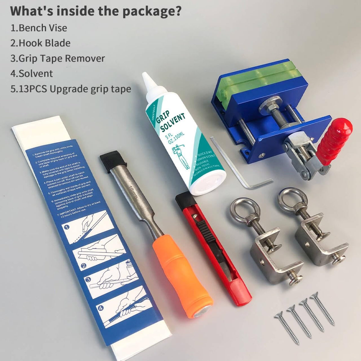 Golf Club Regrip Kit with Vise Clamp, Grip Tape, Solvent & Knife – Drill-Free Installation