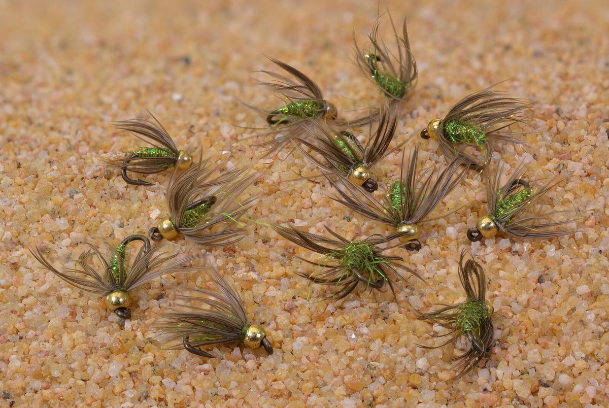 12 Flies Beadhead Caddis Pupa Fishing Flies - Mustad Signature Fly Hooks - Assorted Sizes