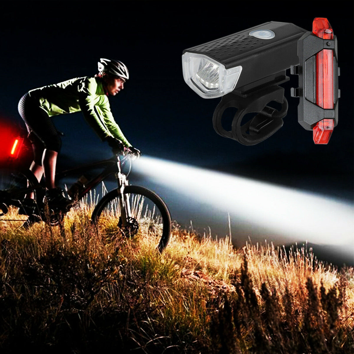 USB Rechargeable Bike Headlight and Tail Light Set - Bright Cycling Lights
