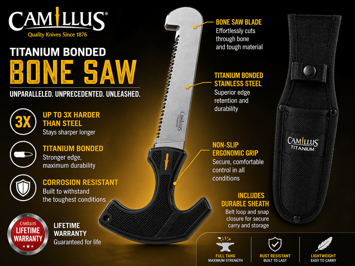 Camillus Titanium Bonded Bone Saw Fixed Blade Hunting Knife with Sheath