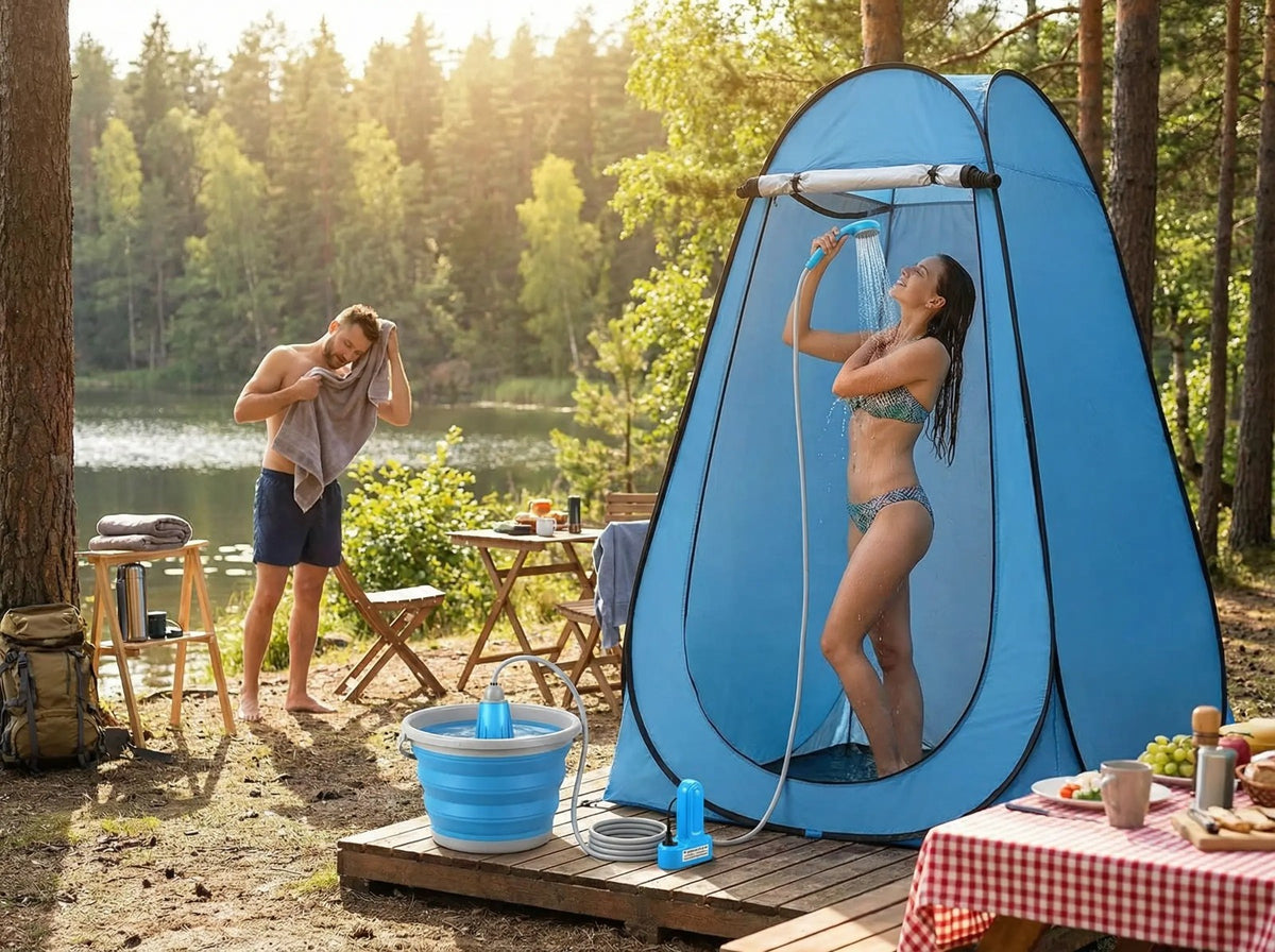 Portable Camping Shower Tent with Detachable Battery & LED Light