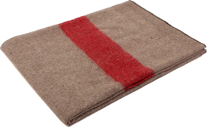 Khaki European Army Wool Blanket with Red Stripe - Military-Style Warm Blanket