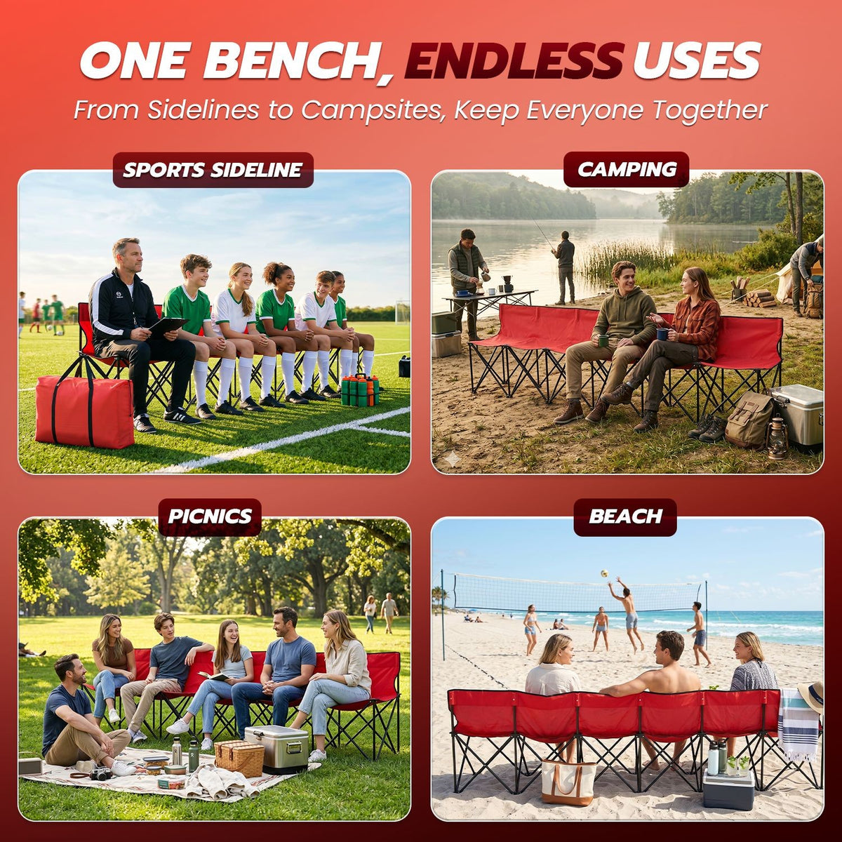 6-Person Collapsible Team Sideline Bench with Backrest - Red Sports Seating