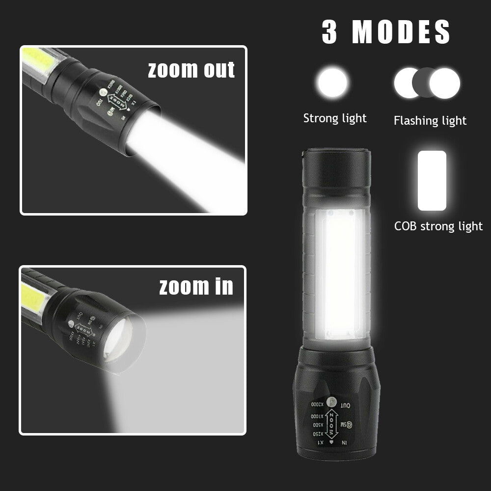 Rechargeable COB LED Flashlight 2 Pack - 3 Modes, Zoom, Side Light