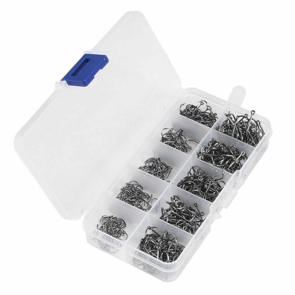 1000PCS Fishing Hooks Set - 10 Sizes Barbed Saltwater & Freshwater Tackle Kit with Storage Box