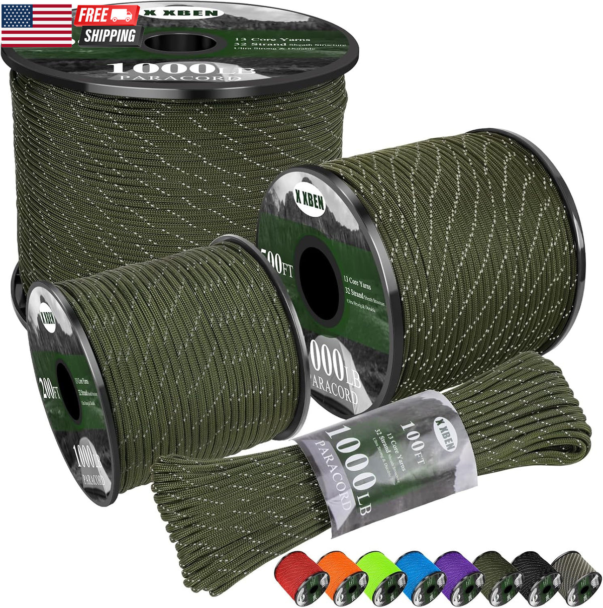 Reflective Paracord Rope 1000Lb - Tactical Camping Cord 4mm 50-1000Ft