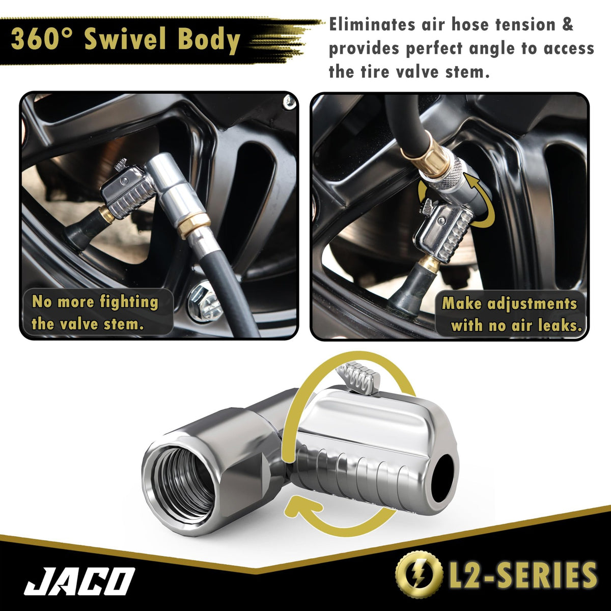 JACO Lightning L2-Series Tire Air Chuck - 1/4" F-NPT Open Flow, 360 Swivel