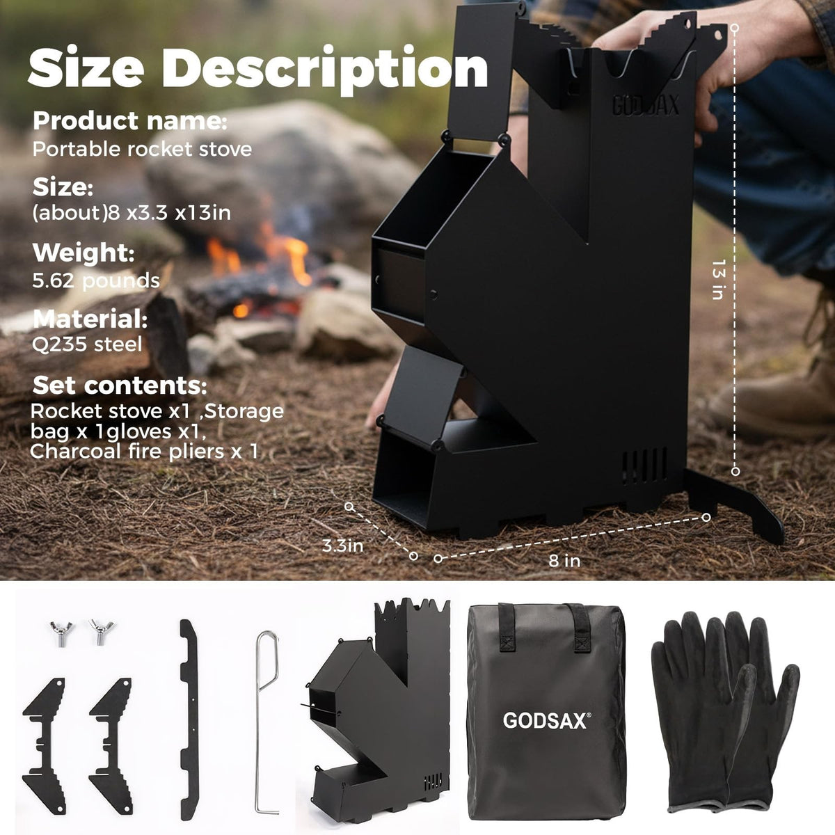 Portable Wood Burning Rocket Stove with Storage Bag for Camping Outdoor Cooking
