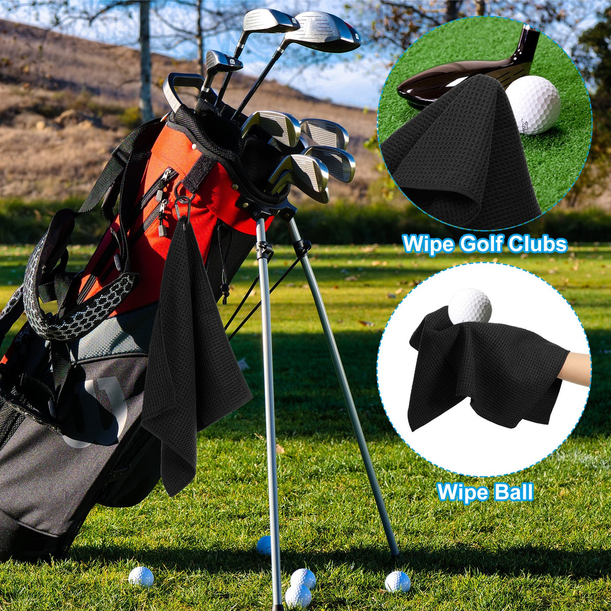 Golf Towel Set 2 Pack Microfiber Waffle Pattern Tri-Fold Towels Black