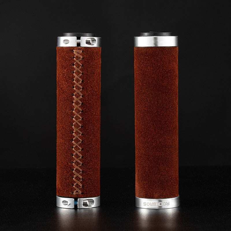 Leather Bicycle Handlebar Grips with Locking Ring Shock Absorption Anti-Slip Brown 13cm