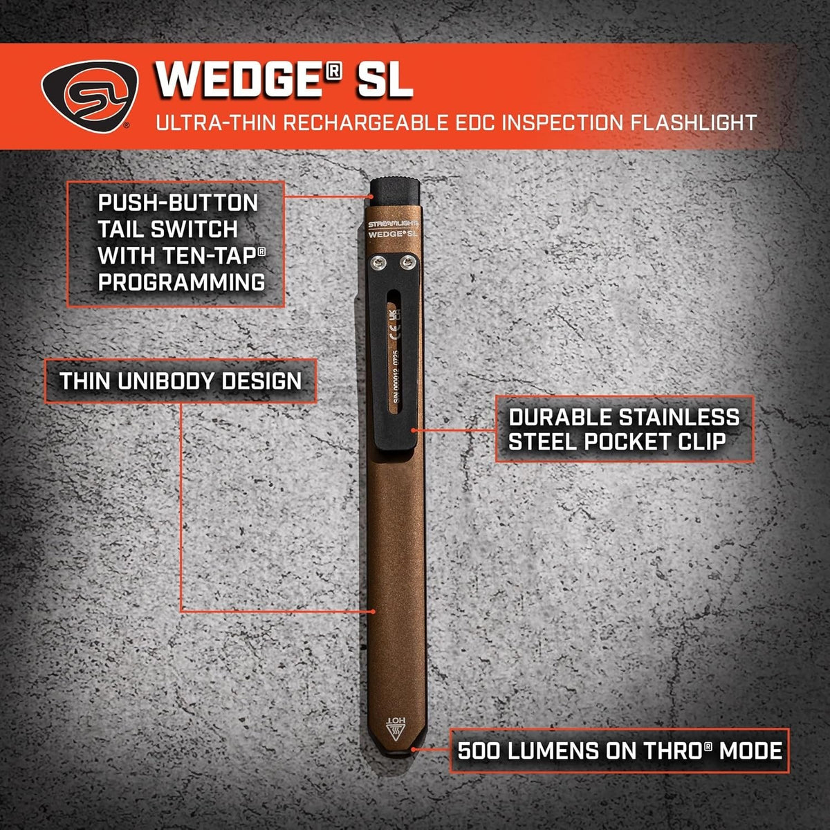 Streamlight Wedge SL Ultra-Thin LED Inspection Light Coyote - Rechargeable, Compact, Waterproof