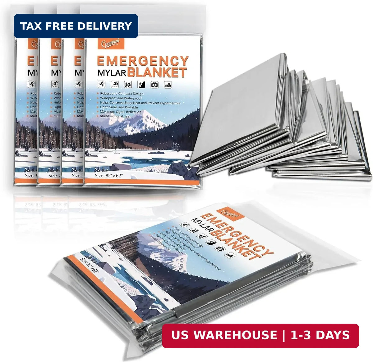 Large Emergency Mylar Thermal Blankets 82x62 Inches - Pack of 4