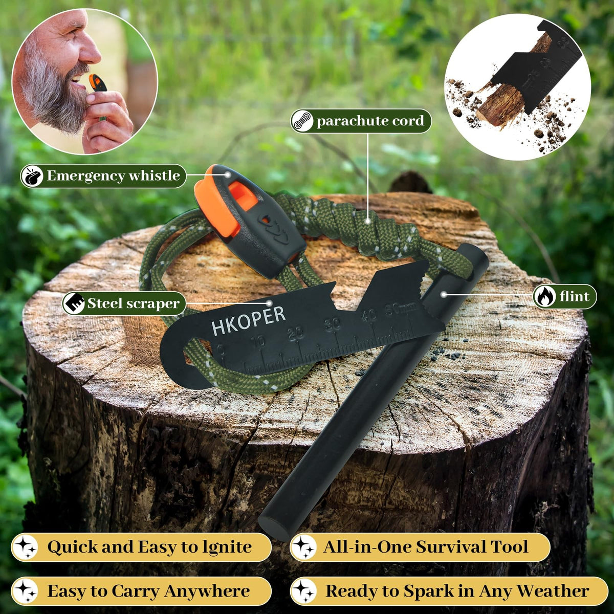 4 Inch Ferro Rod Fire Starter Kit with Multi-Tool for Camping Hiking Survival
