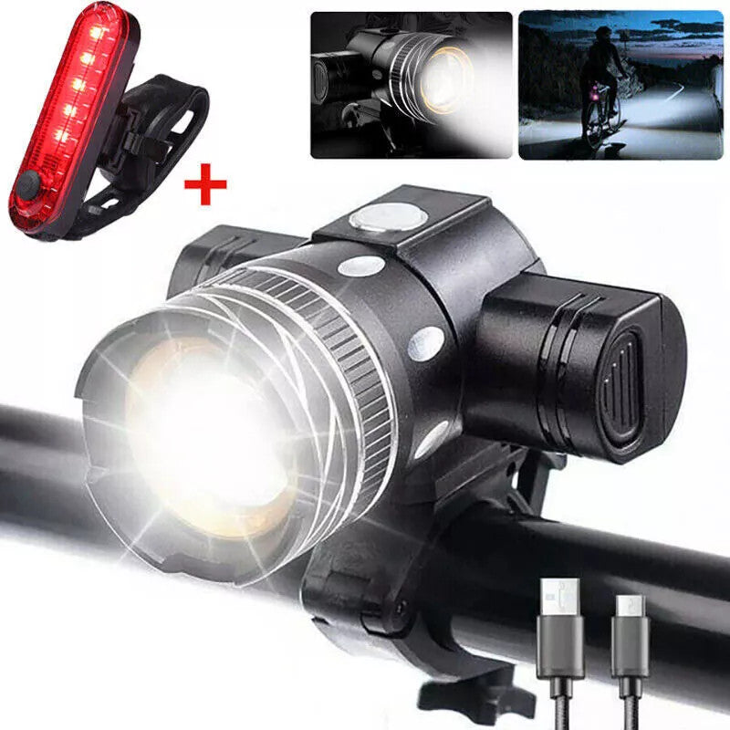 USB Rechargeable Bicycle Front and Rear LED Lights Set - Waterproof Cycling Lights