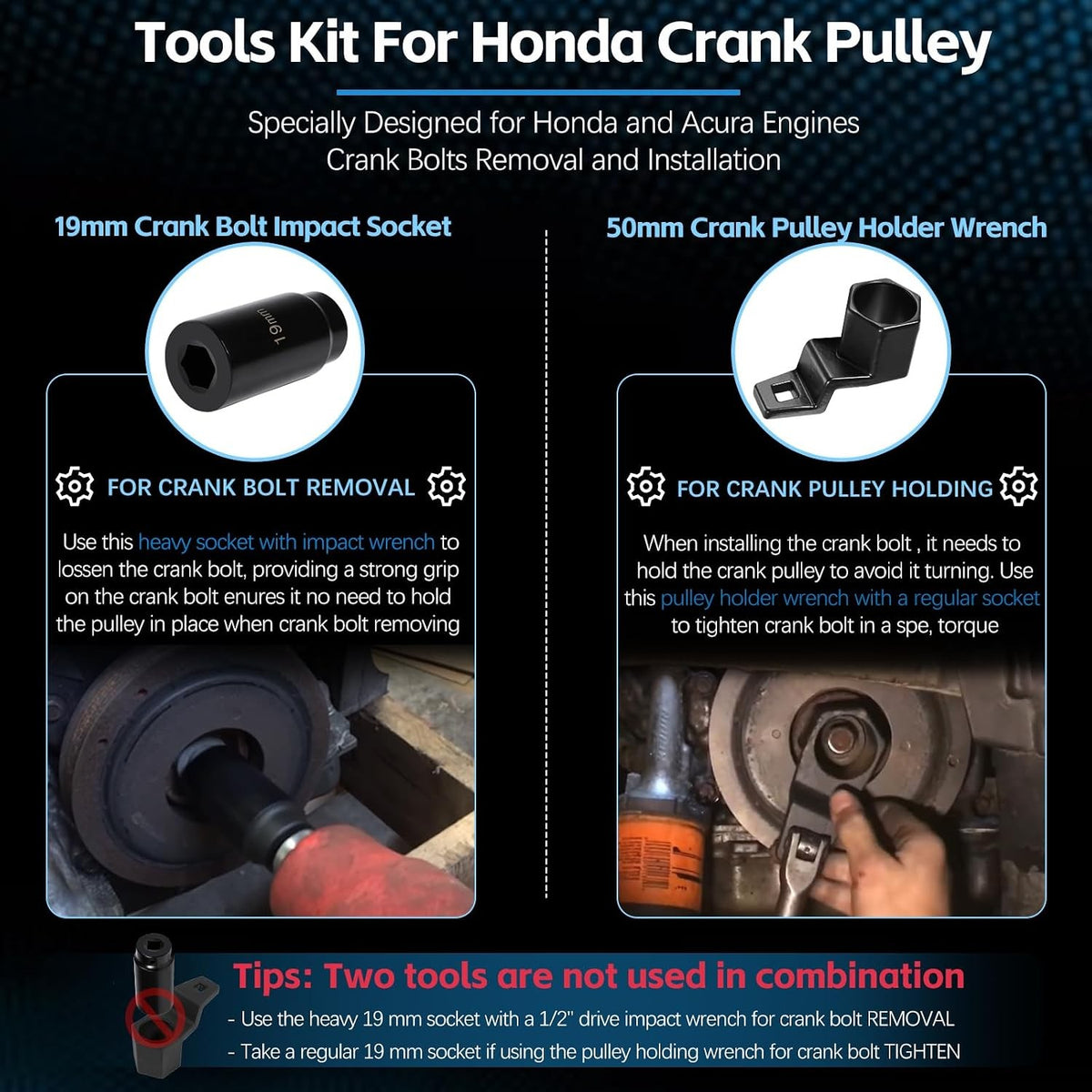 Honda Crank Pulley Tool Set with 19mm Harmonic Balancer Socket & 50mm Crankshaft Wrench