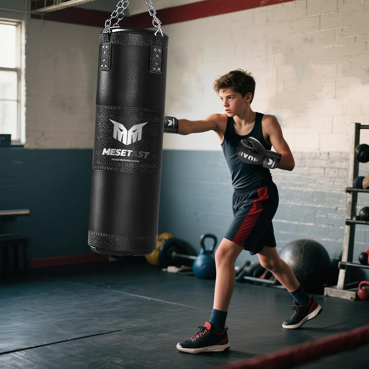 Kids Punching Bag Set with 8 OZ Boxing Gloves - 2.7ft Heavy Bag for Youth Boxing MMA Karate